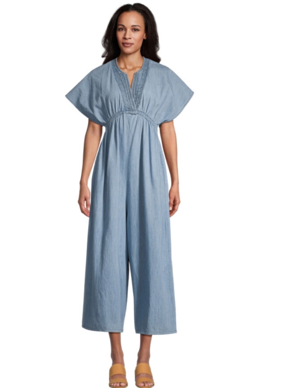 Cost Plus World Market Chambray Blue Embroidered V-Neck Jumpsuit